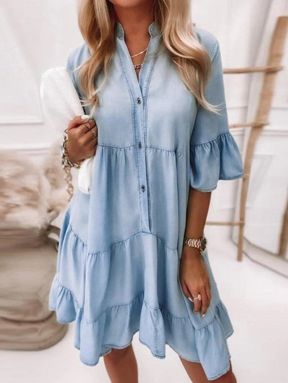 Robe midi en jean trapèze en coton délavé de couleur unie à manches mi-longues