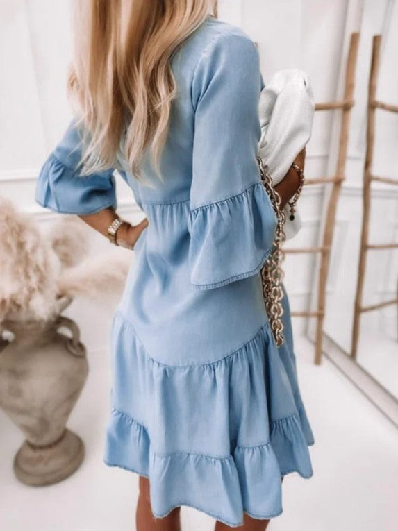 Robe midi en jean trapèze en coton délavé de couleur unie à manches mi-longues