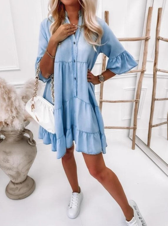 Robe midi en jean trapèze en coton délavé de couleur unie à manches mi-longues