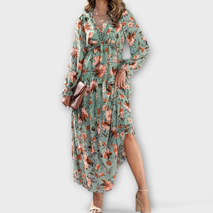 Aldona | Maxi Floral Dress with V-Neck and Pleated Fabric