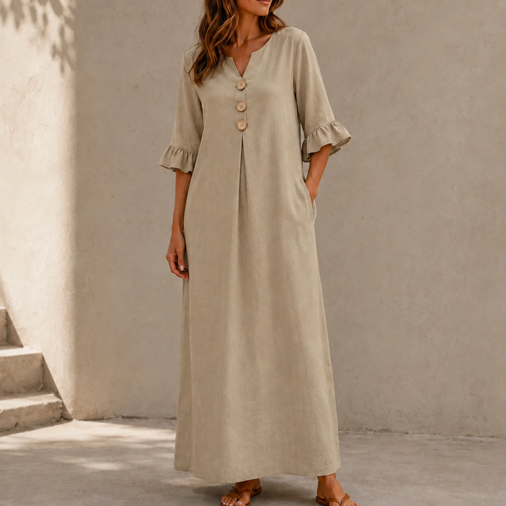 Marellia – Flowy Linen-Look V-Neck Maxi Dress with Pockets