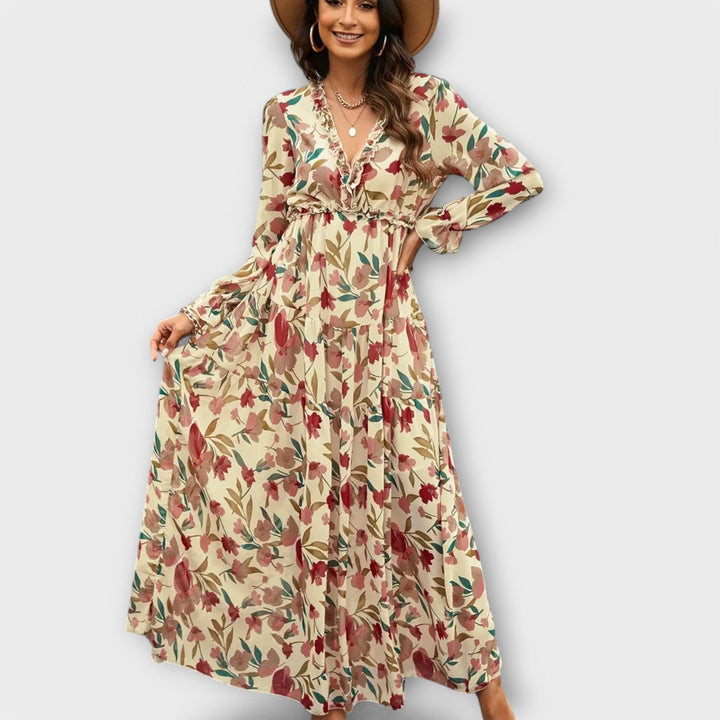 Aldona | Maxi Floral Dress with V-Neck and Pleated Fabric