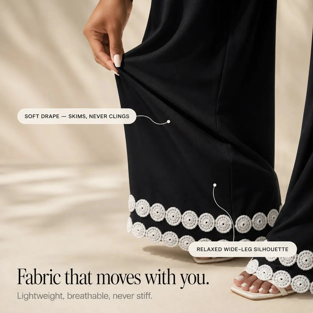 Marovée – Sleeveless Top &amp; Wide Leg Pants Set with Crochet-like Trim Details