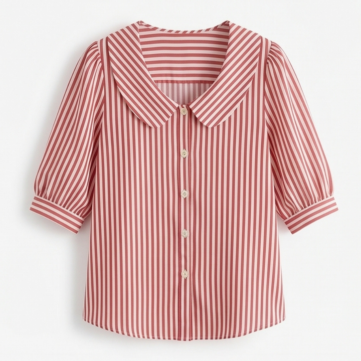 Solène Striped Sailor Collar Blouse with Puff Sleeves