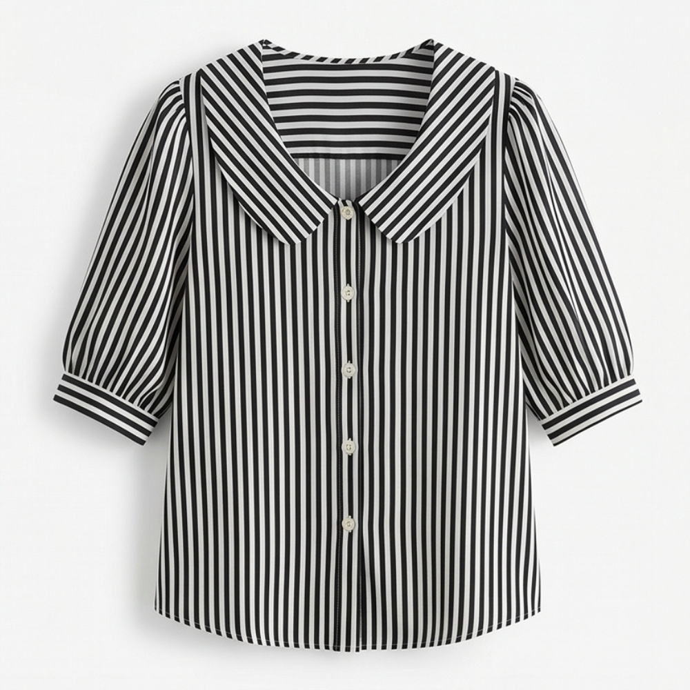 Solène Striped Sailor Collar Blouse with Puff Sleeves