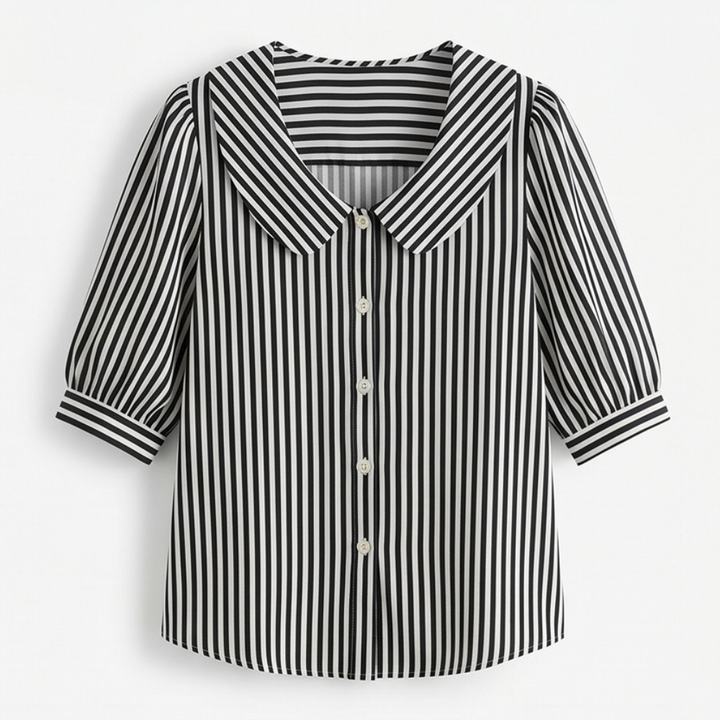 Solène Striped Sailor Collar Blouse with Puff Sleeves