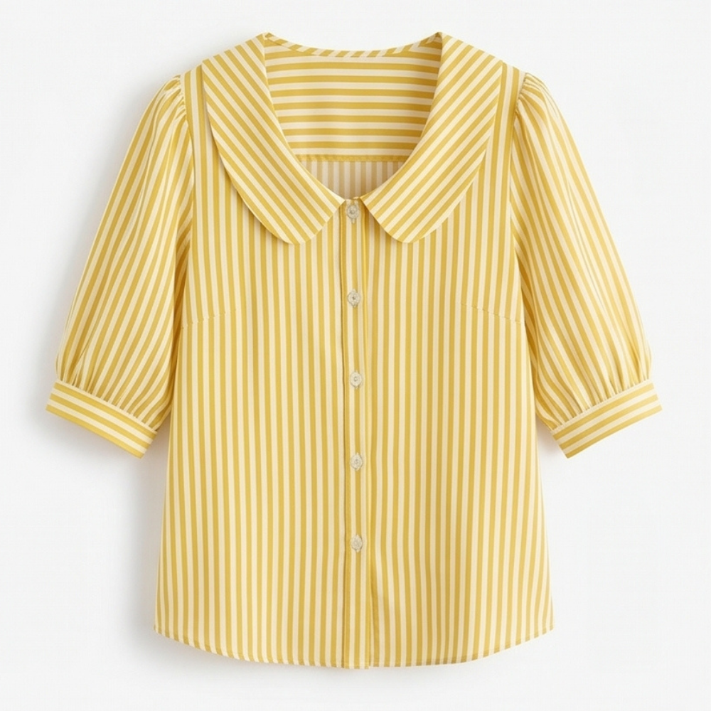 Solène Striped Sailor Collar Blouse with Puff Sleeves