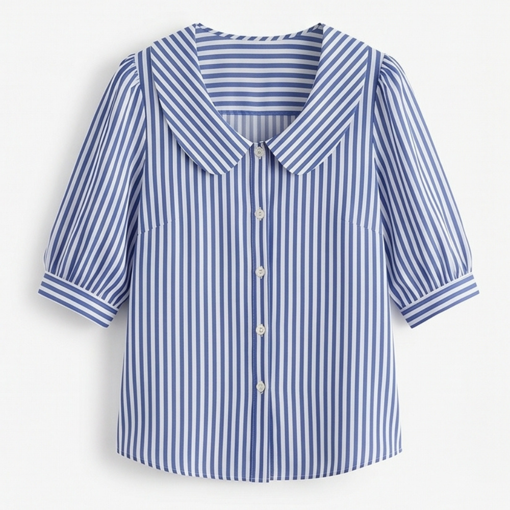 Solène Striped Sailor Collar Blouse with Puff Sleeves