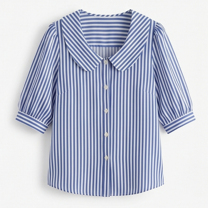Solène Striped Sailor Collar Blouse with Puff Sleeves