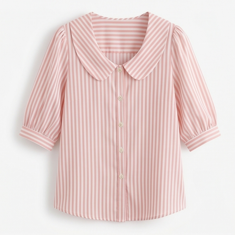 Solène Striped Sailor Collar Blouse with Puff Sleeves