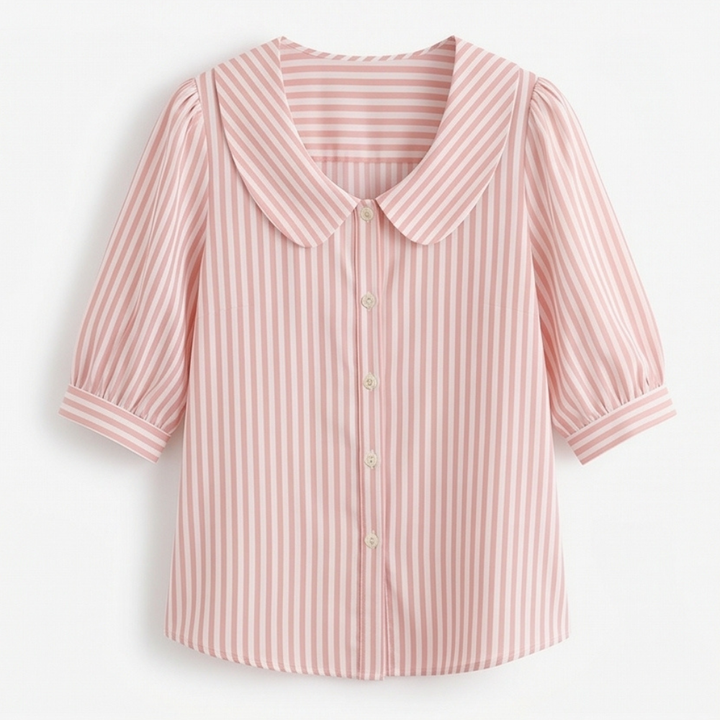 Solène Striped Sailor Collar Blouse with Puff Sleeves
