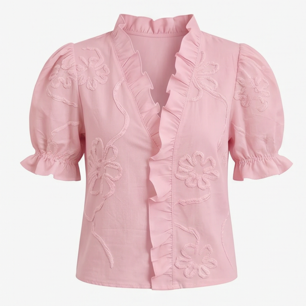 Belvera Romantic Ruffled V-Neck Blouse with Puff Sleeves