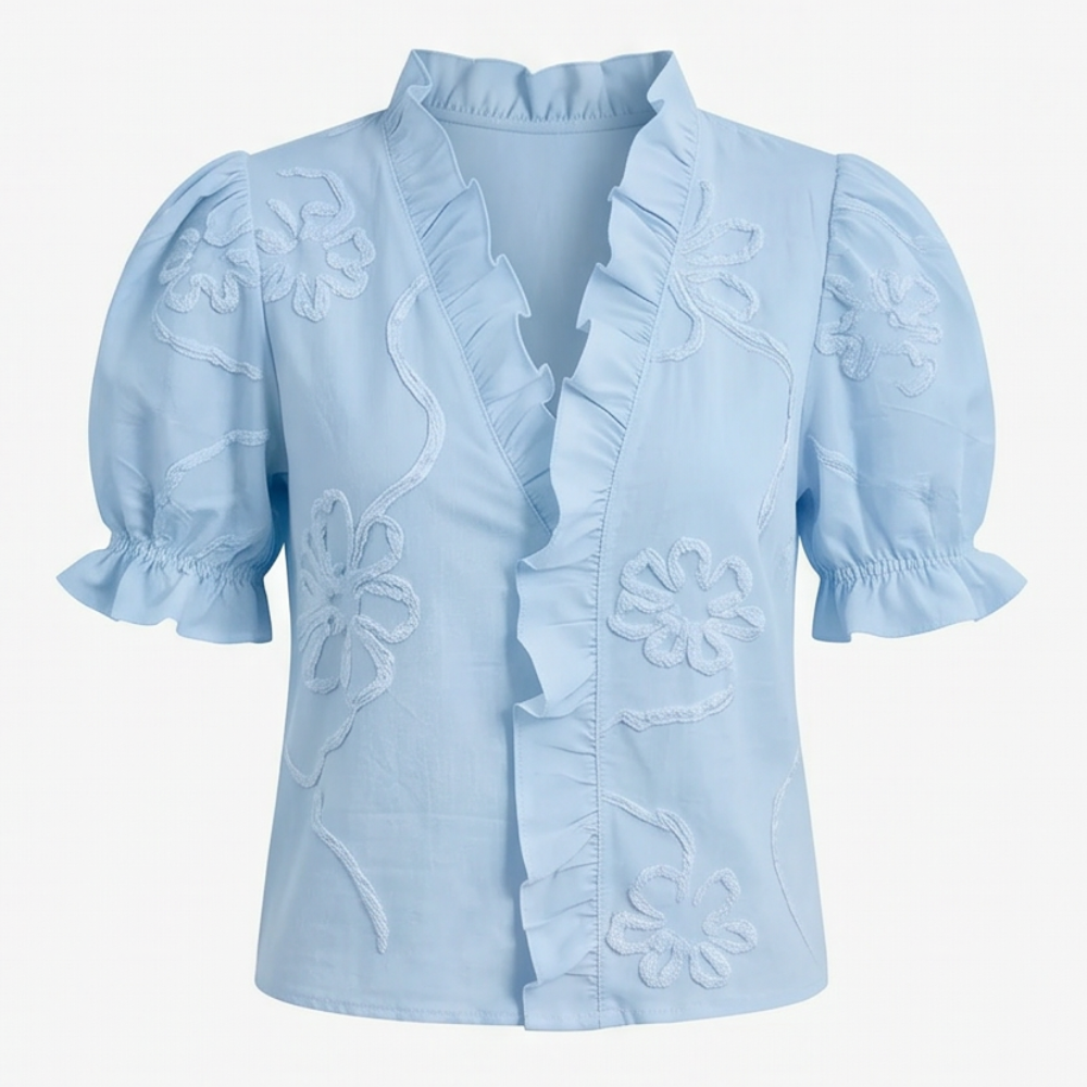 Belvera Romantic Ruffled V-Neck Blouse with Puff Sleeves