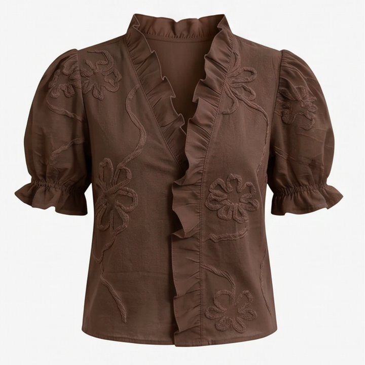 Belvera Romantic Ruffled V-Neck Blouse with Puff Sleeves