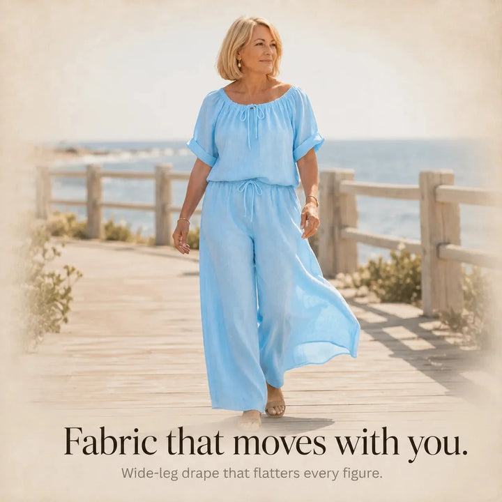 Soléne – Off-Shoulder Drawstring Top &amp; Wide-Leg Pants 2-Piece Set