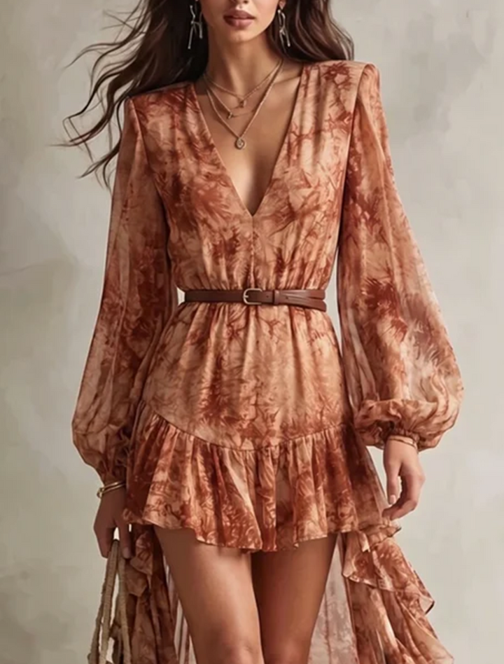 Robe mini à manches longues, décolleté en V, imprimé floral terracotta et ourlet asymétrique