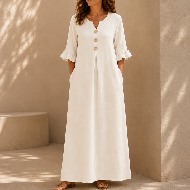 Marellia – Flowy Linen-Look V-Neck Maxi Dress with Pockets