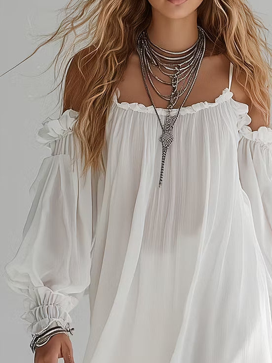 Mini-robe bohème fluide à épaules dénudées