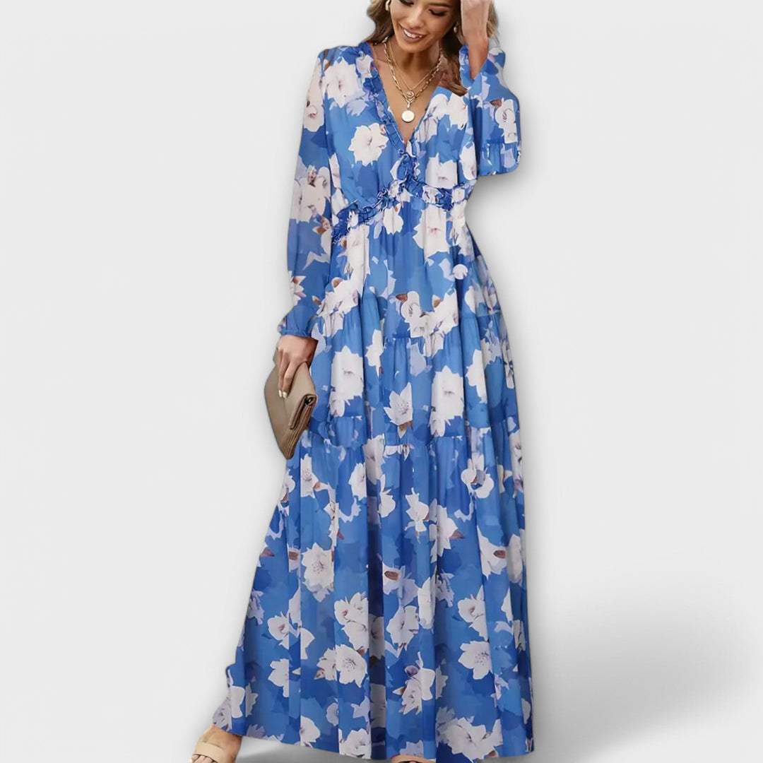 Aldona | Maxi Floral Dress with V-Neck and Pleated Fabric