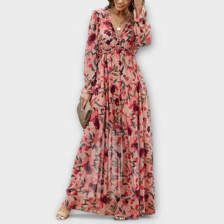 Aldona | Maxi Floral Dress with V-Neck and Pleated Fabric