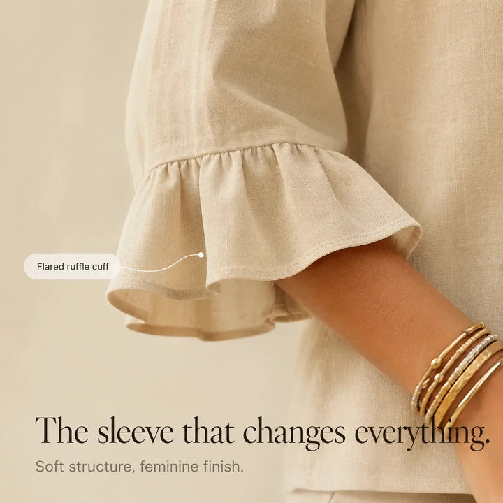 Lunavia – Linen-Look Two-Piece Set with Ruffle Sleeves and Wide-Leg Pants