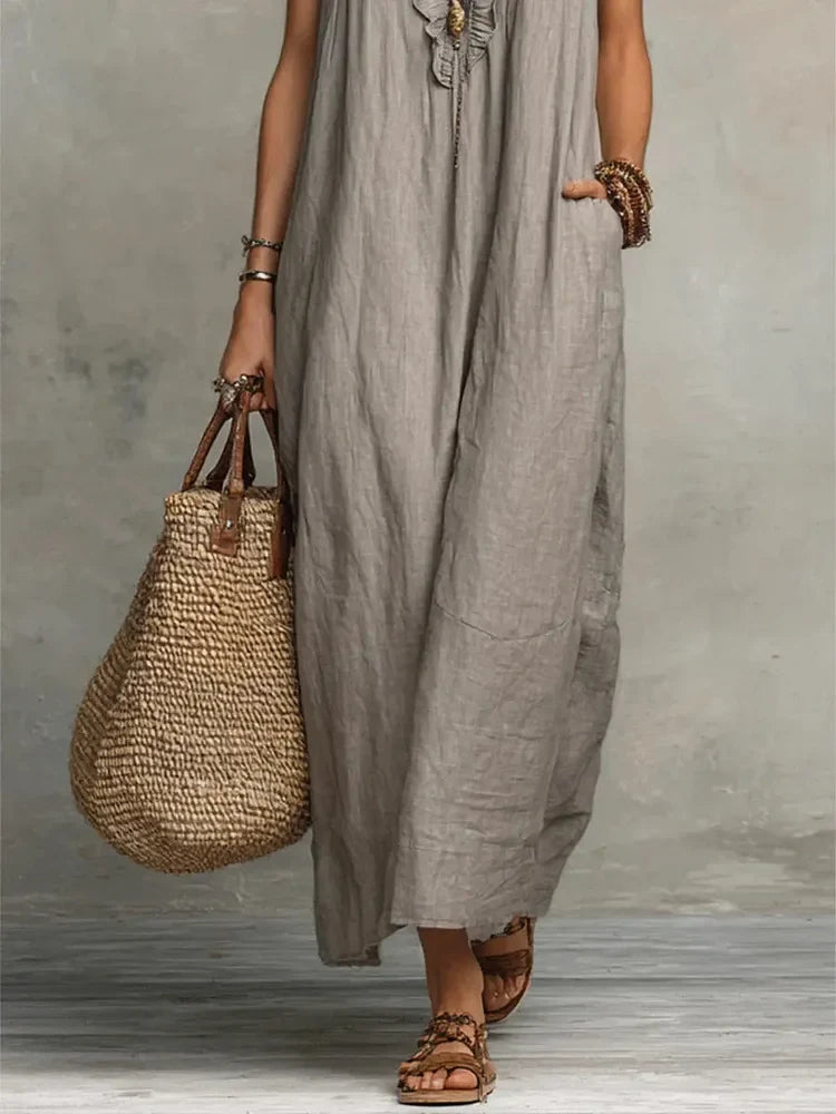 Robe décontractée pour femme en coton et lin, couleur unie, à volants, style artistique et confortable