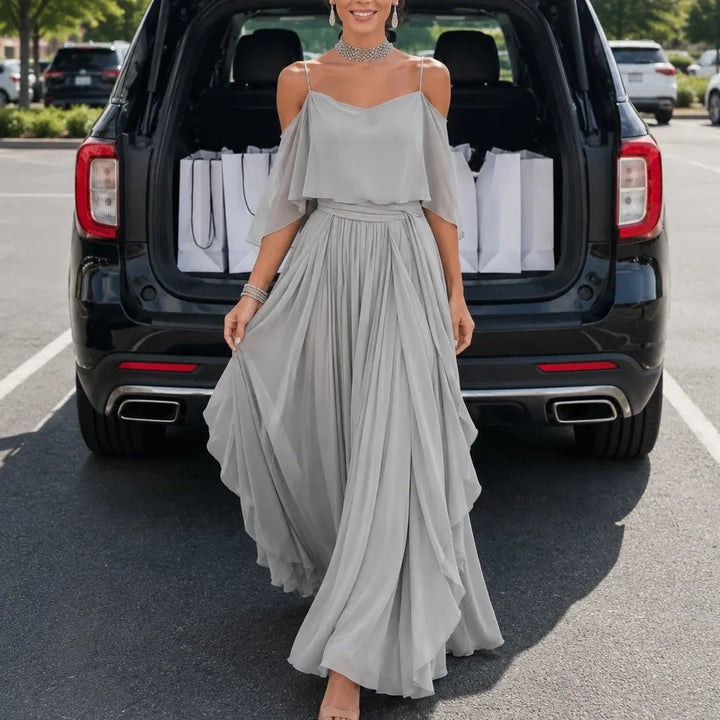 Solavia – Cold Shoulder Chiffon-like Maxi Dress for Weddings &amp; Formal Events