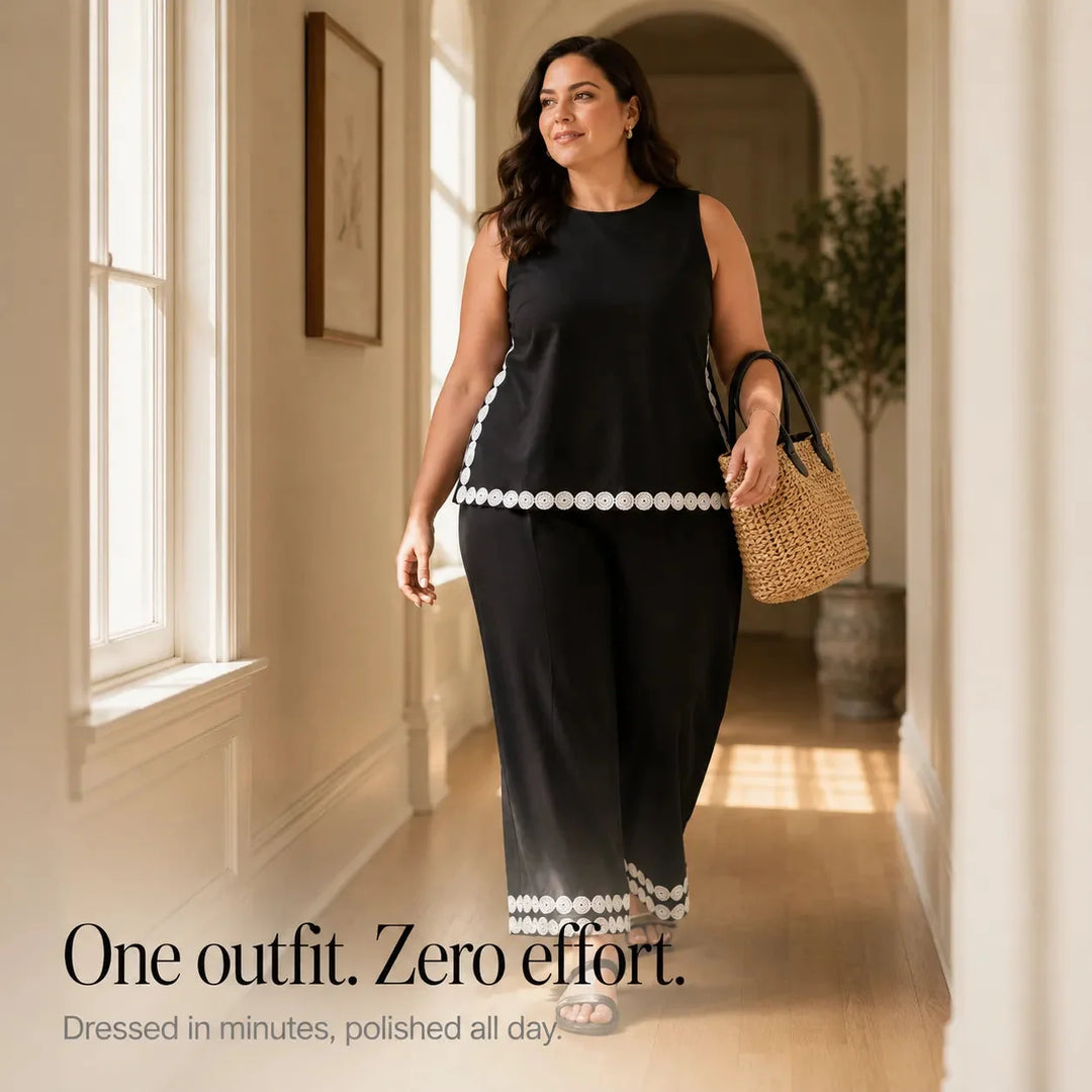 Marovée – Sleeveless Top &amp; Wide Leg Pants Set with Crochet-like Trim Details