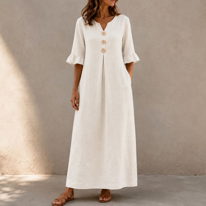 Marellia – Flowy Linen-Look V-Neck Maxi Dress with Pockets