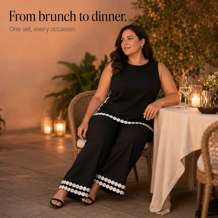 Marovée – Sleeveless Top &amp; Wide Leg Pants Set with Crochet-like Trim Details