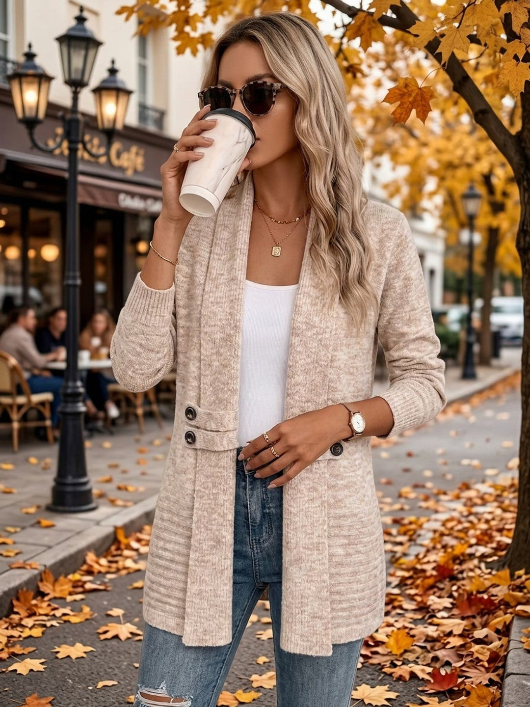 Oatmeal Ribbed Knit Button-Tab Cardigan