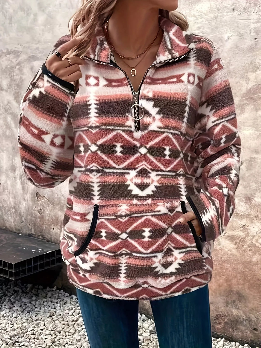 Olivia - Geometric Half Zip Long Sleeve Sweatshirt