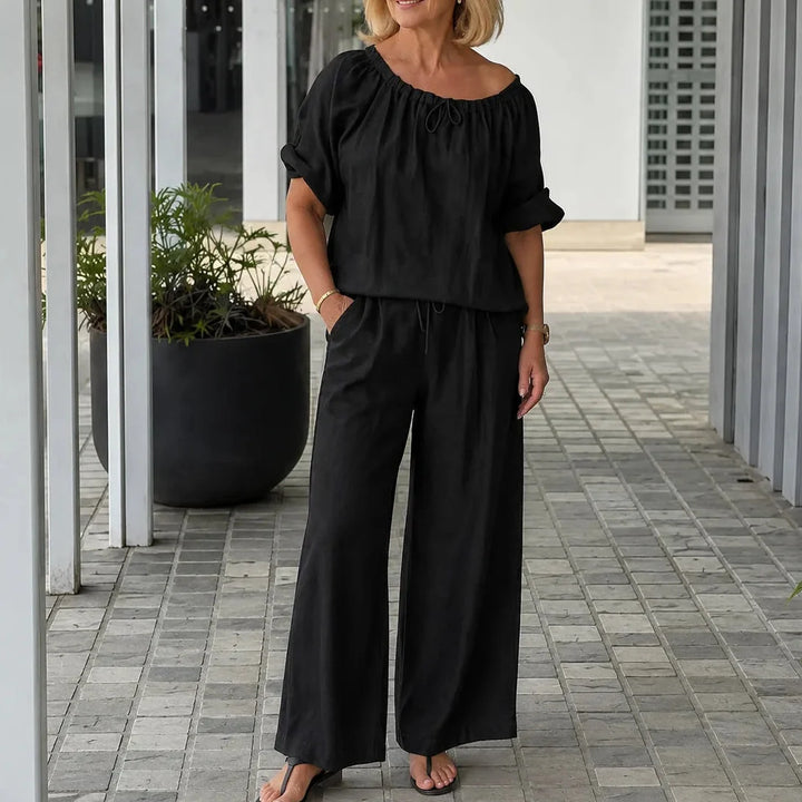 Soléne – Off-Shoulder Drawstring Top &amp; Wide-Leg Pants 2-Piece Set