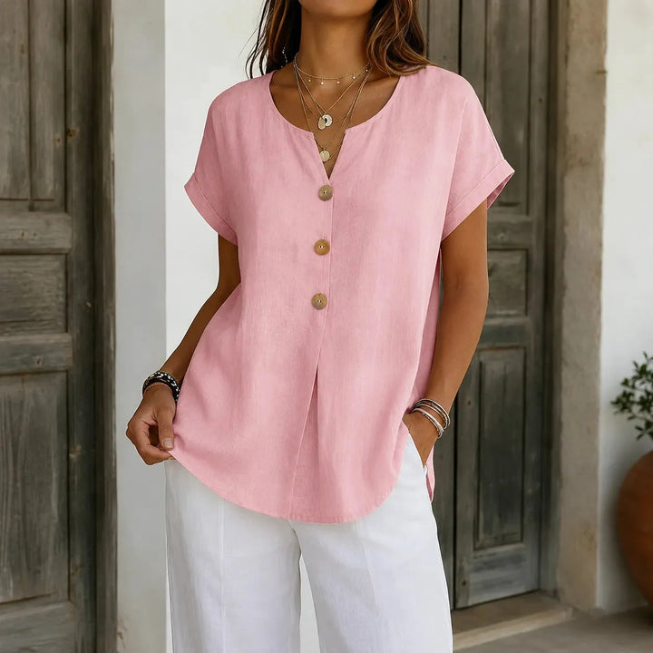 Solene – Relaxed V-Neck Blouse with Wood-like Buttons for Women