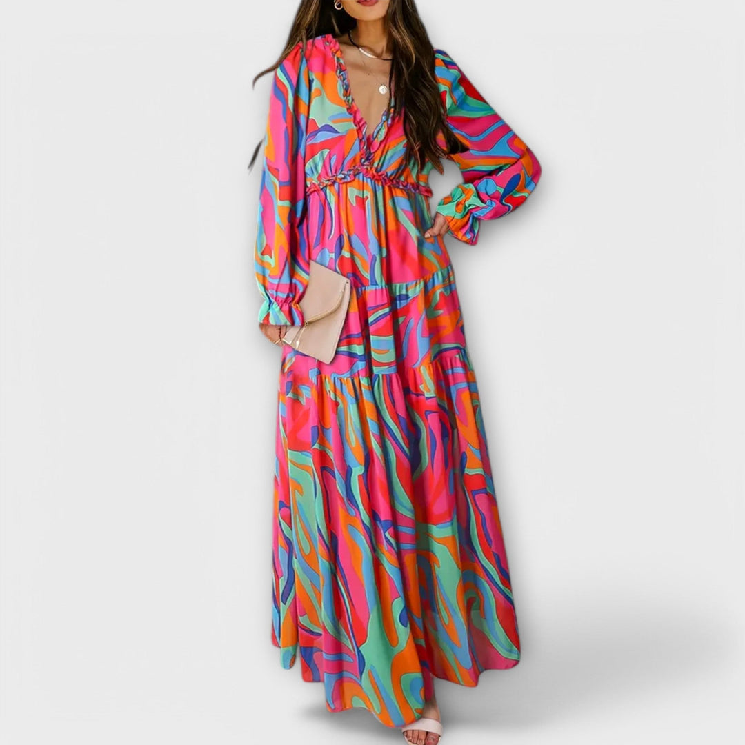 Aldona | Maxi Floral Dress with V-Neck and Pleated Fabric