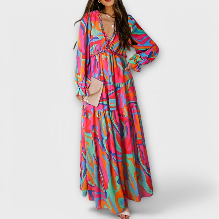 Aldona | Maxi Floral Dress with V-Neck and Pleated Fabric