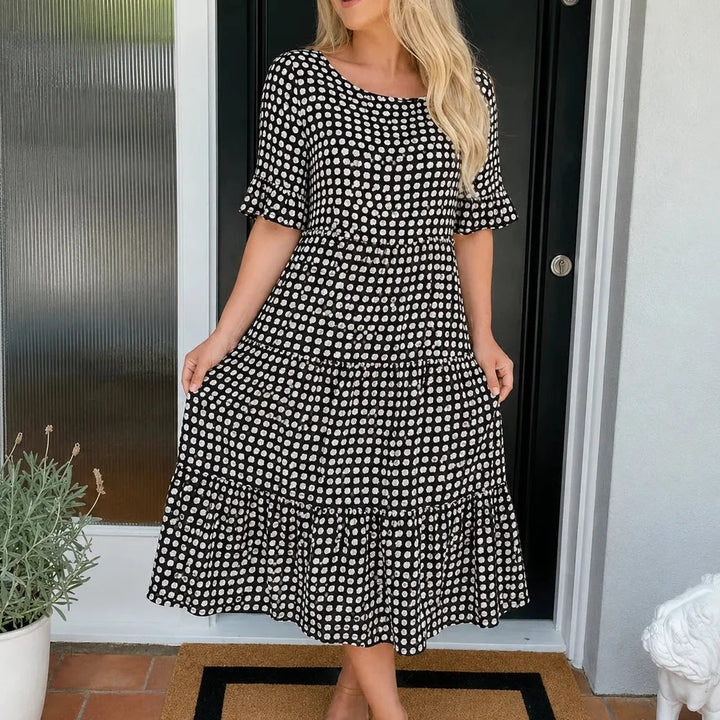 Soleluna – Tiered Polka Dot Midi Dress with Ruffle Sleeves