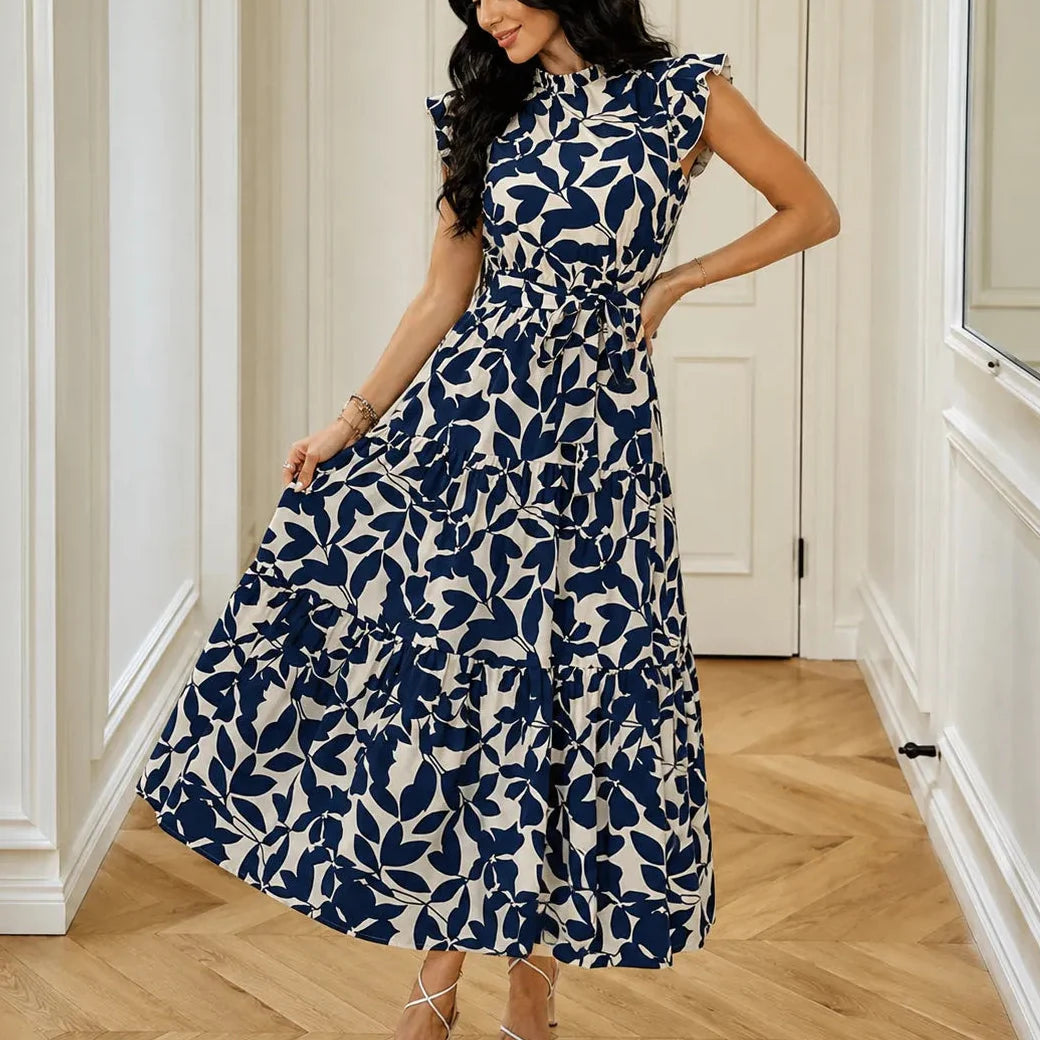 Sunlura – Flutter Sleeve Tie Waist Tiered Midi Dress, Summer Floral Print, Women&