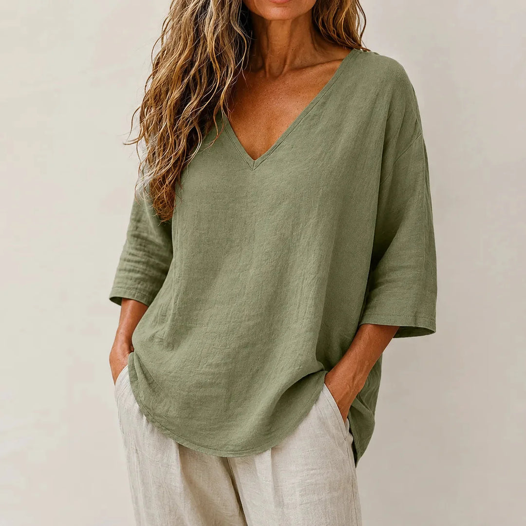 Linvie – Loose V-Neck Linen-Look Blouse with Three-Quarter Sleeves