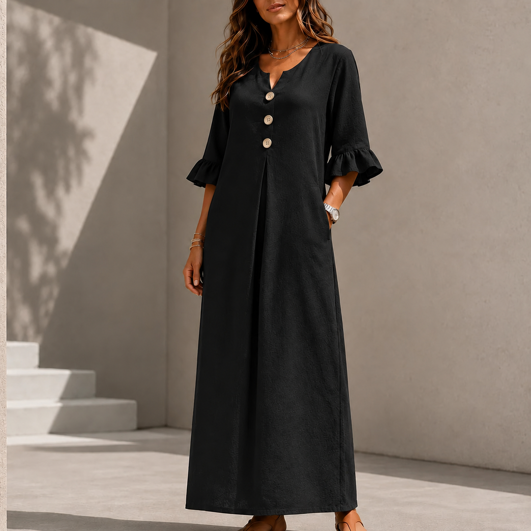 Marellia – Flowy Linen-Look V-Neck Maxi Dress with Pockets