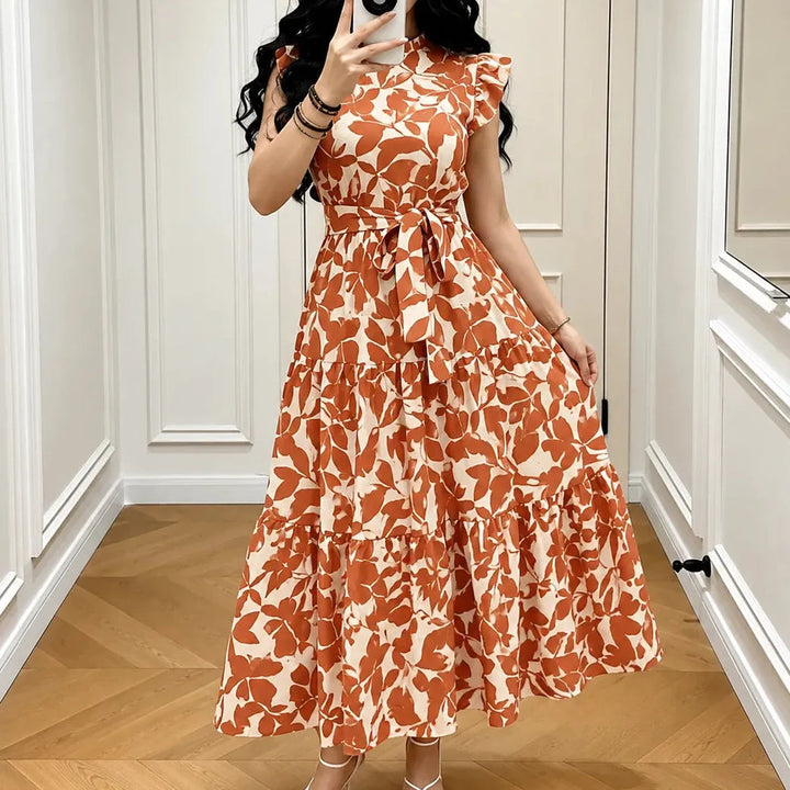 Sunlura – Flutter Sleeve Tie Waist Tiered Midi Dress, Summer Floral Print, Women&