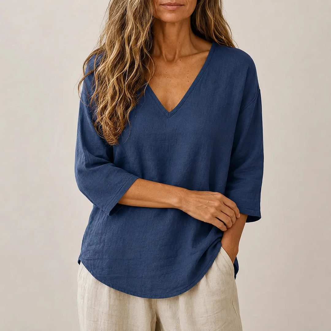 Linvie – Loose V-Neck Linen-Look Blouse with Three-Quarter Sleeves