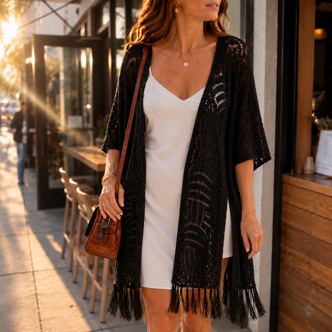 Solenne – Oversized Crochet Tassel Kimono Cardigan for Women