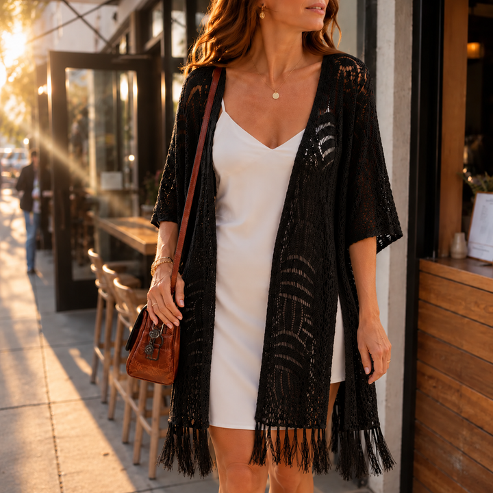 Solenne – Oversized Crochet Tassel Kimono Cardigan for Women