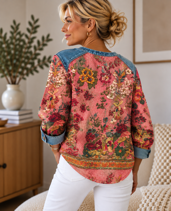 Floral Print Denim-Trim Sweatshirt