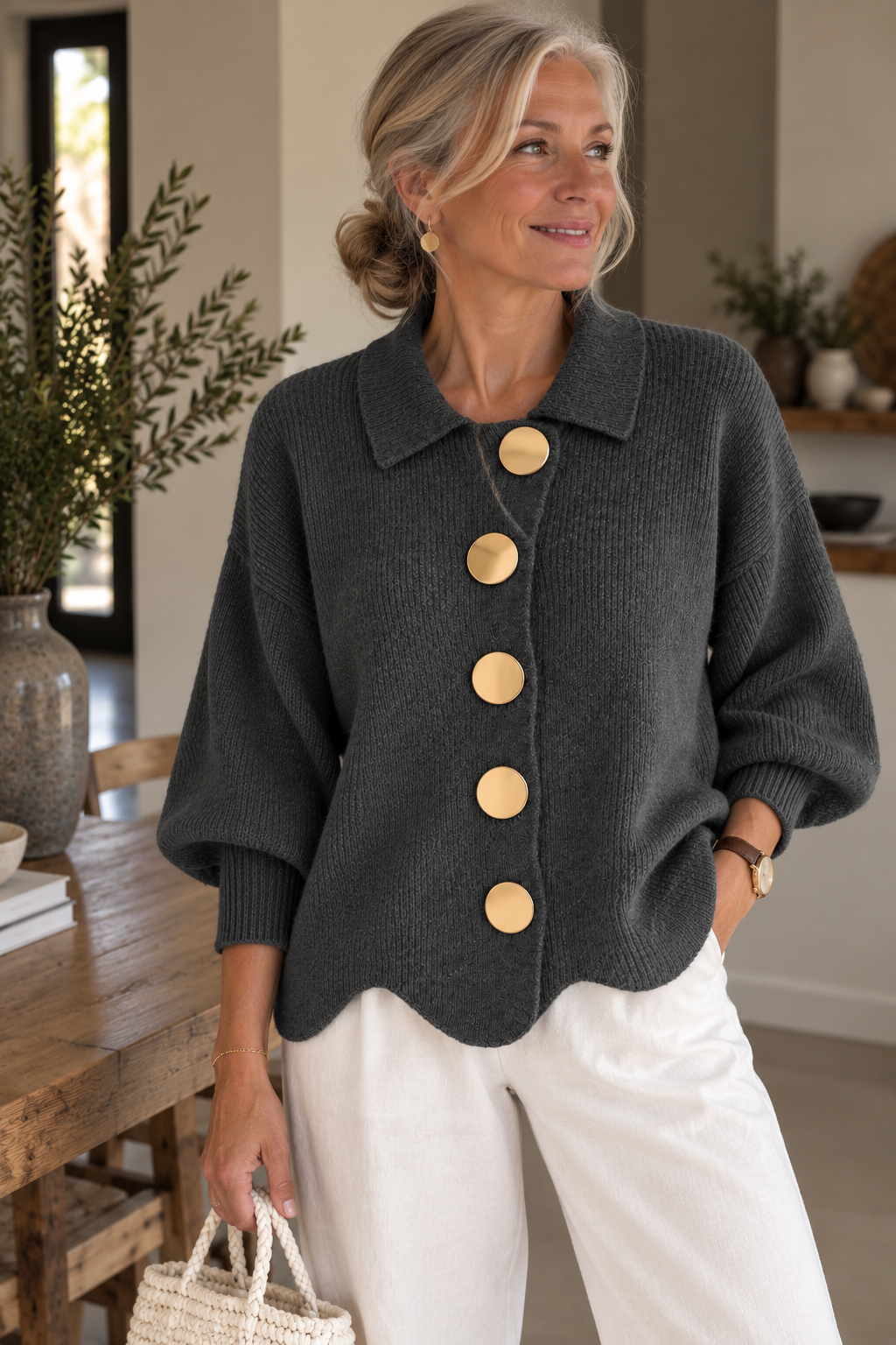 Isadora™ | Oversized Collared Cardigan With Large Metal Buttons