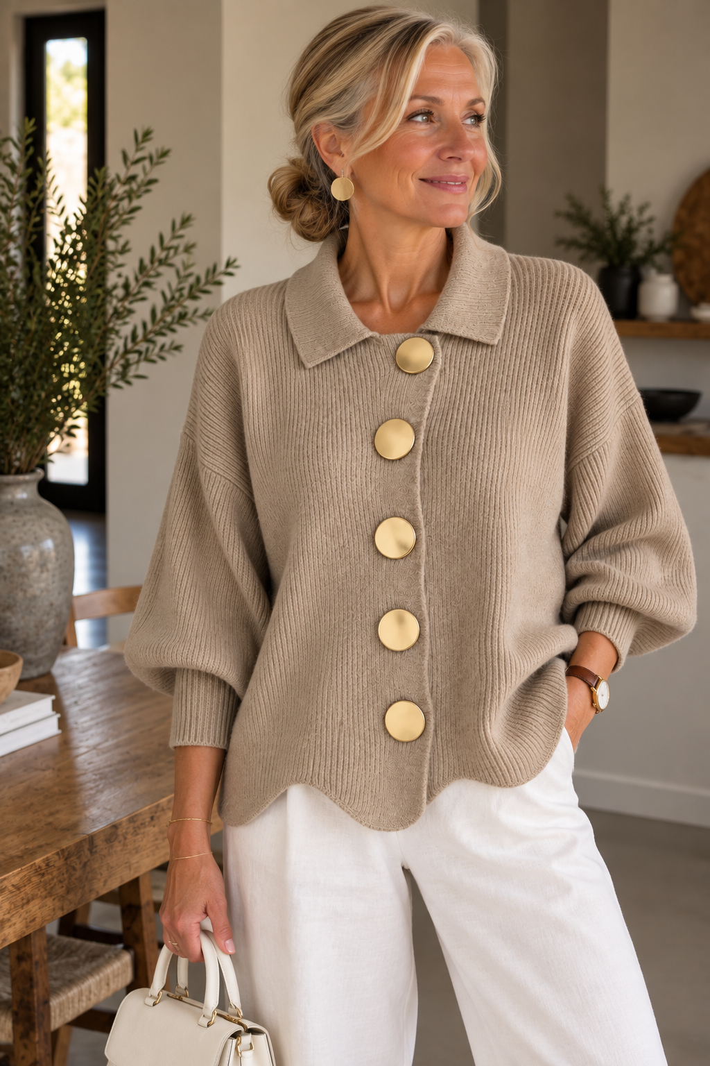 Isadora™ | Oversized Collared Cardigan With Large Metal Buttons