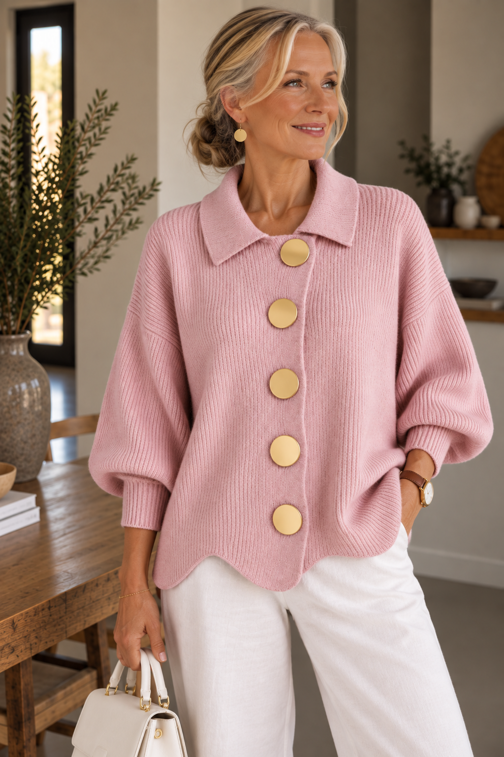 Isadora™ | Oversized Collared Cardigan With Large Metal Buttons