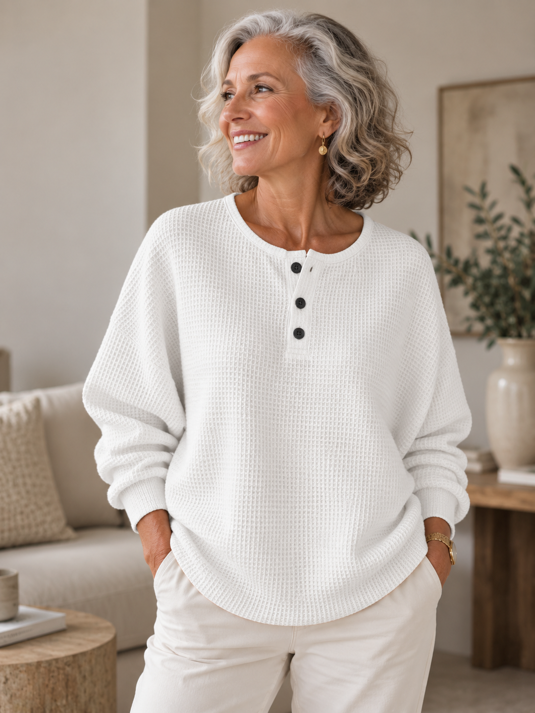 Mirabel™ | Cozy Waffle Henley Sweatshirt