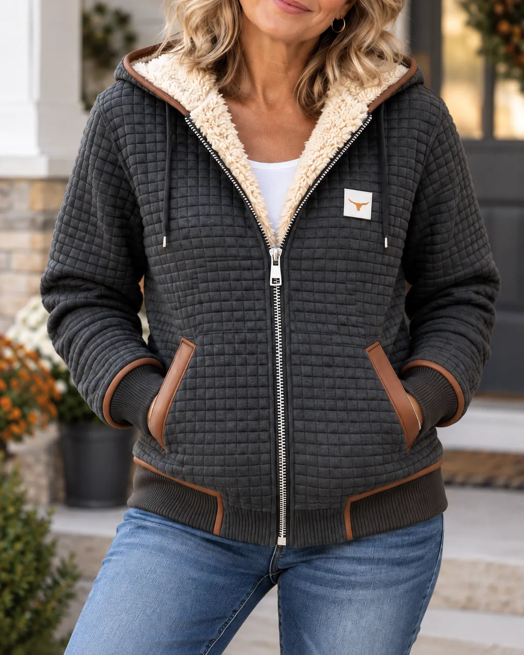 Sherpa-Lined Quilted Zip-Up Hooded Jacket